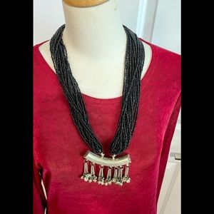 Ceremonial Artisan Afghan Kuchi Beaded Black & Silver Bar Pendant Necklace
